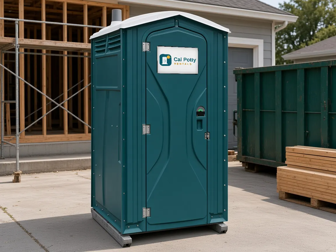 A teal porta potty in front of a wood-framed building under construction with a green dumpster and lumber