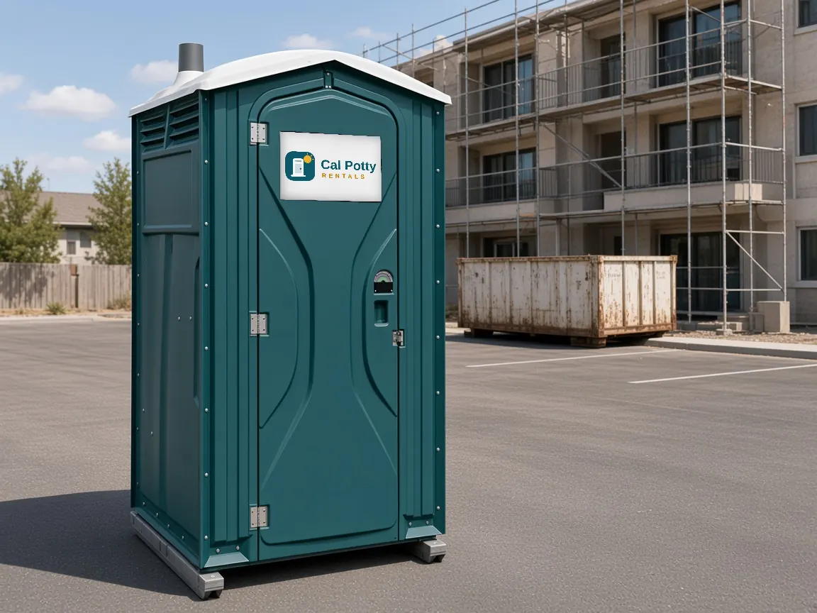 A teal porta potty in a parking lot beside a multi-story building under construction and a dumpster