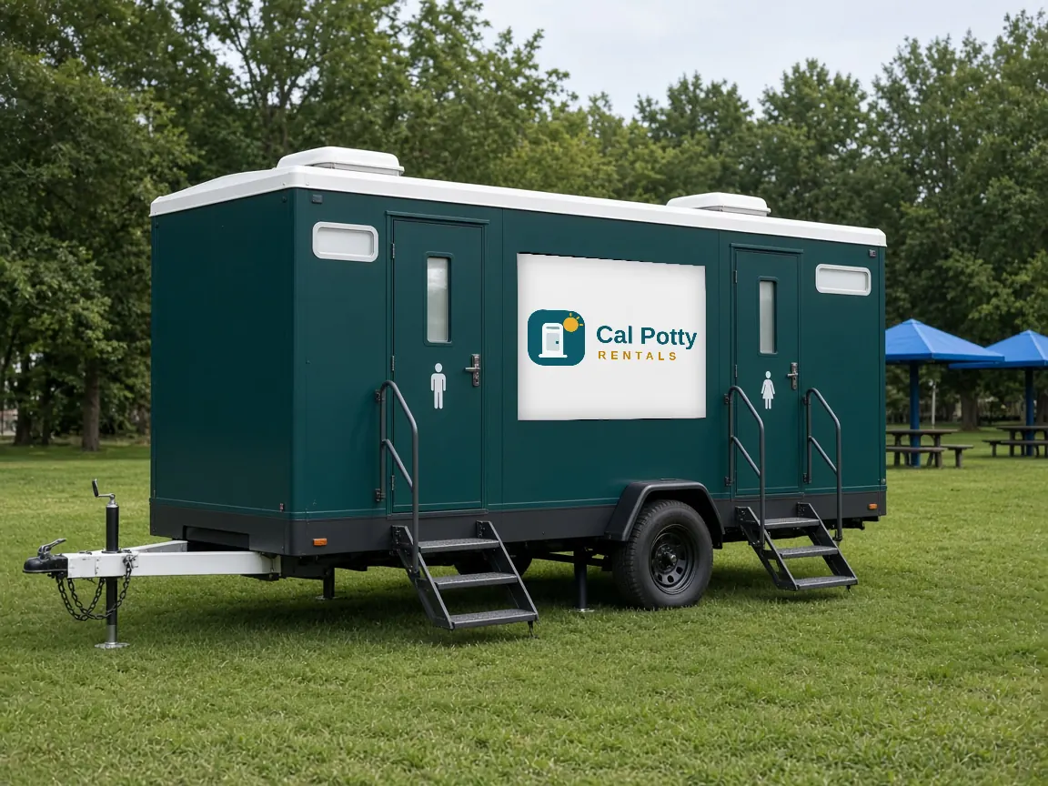 A teal and white restroom trailer on a park lawn with picnic tables and blue canopies behind