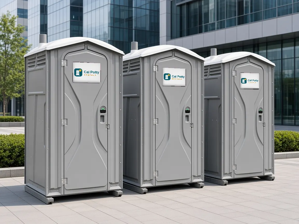 Three grey portable toilets on a paved plaza in front of a glass office building